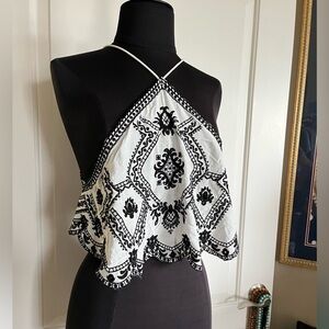 NWOT Free People Halter Cropped Tank Top embellished black-and-white Small